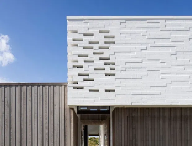 Exterior view of a contemporary low-rise residence with a prominent white textured masonry upper wall featuring decorative recessed openings and linear relief patterns. Dark vertical timber cladding forms the lower walls and a covered passageway leading through the building. A small timber stair and lawn sit in the foreground beneath a clear blue sky.