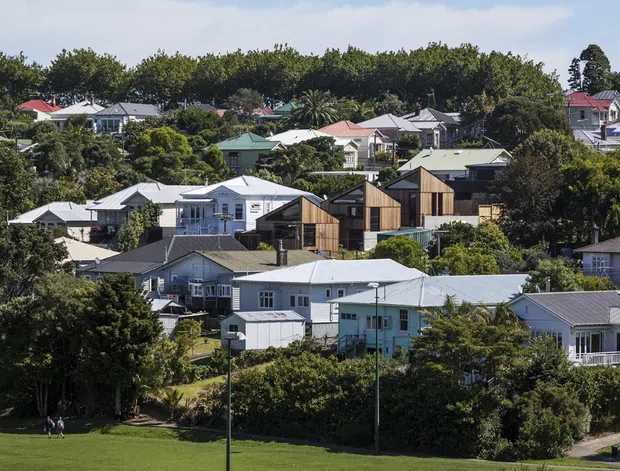 A broad exterior view across a leafy suburban neighbourhood, showing closely spaced detached houses with varied pitched and low-pitched roofs, weatherboard and darker timber-clad facades, mature trees, and a grassy sports or park area in the foreground. The scene reflects a low-rise residential setting with a mix of older homes and newer contemporary additions.
