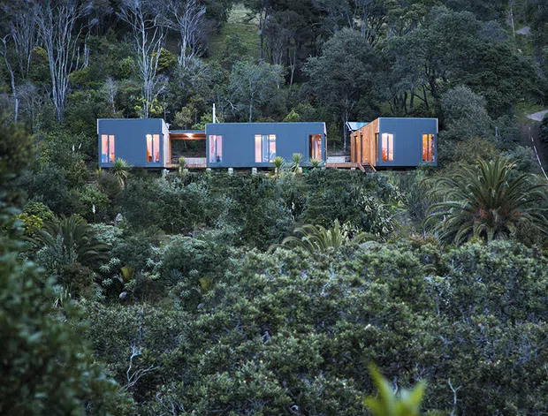 A long, low contemporary residence composed of several compact rectangular volumes, clad in dark blue-grey panels with warm timber-lined openings and glowing windows. The building is nestled into dense, mature native vegetation on a heavily wooded, sloping site, with a narrow access path visible to the right. The image is an exterior architectural landscape view photographed in cool, subdued light.