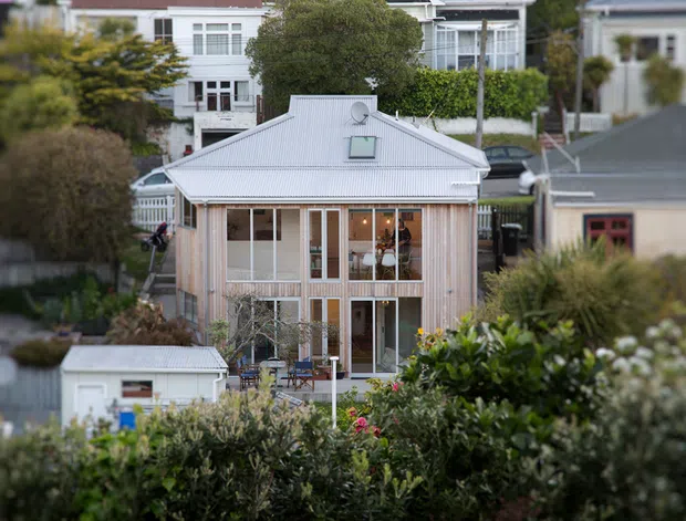 A compact multi-level residential house viewed from an elevated position, set within a dense suburban neighbourhood. The home has a pale timber-clad facade, extensive floor-to-ceiling glazing, a light grey pitched metal roof with a small skylight, and a raised lower level. Mature shrubs and gardens partially obscure the foreground, while neighbouring homes are visible behind it.