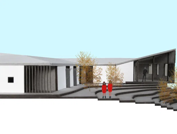 Architectural rendering of a low, angular modern building arranged around a stepped central courtyard. White rendered volumes contrast with dark vertical screening and a dark glazed wing, while broad concrete terraces and steps connect the landscaped site. Sparse deciduous trees and silhouetted people provide scale.