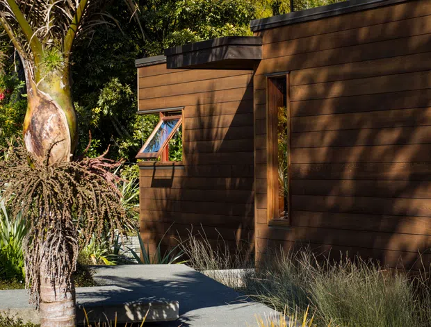 A compact modern timber-clad building nestled in dense, lush vegetation. The exterior features horizontal dark brown timber boards, projecting rooflines with dark metal edging, narrow vertical windows, and a small angled-opening window. A concrete pathway and low step lead through a naturalistic landscape of grasses, shrubs, and mature tropical or native planting. Strong sunlight creates deep shadows across the facade and walkway.