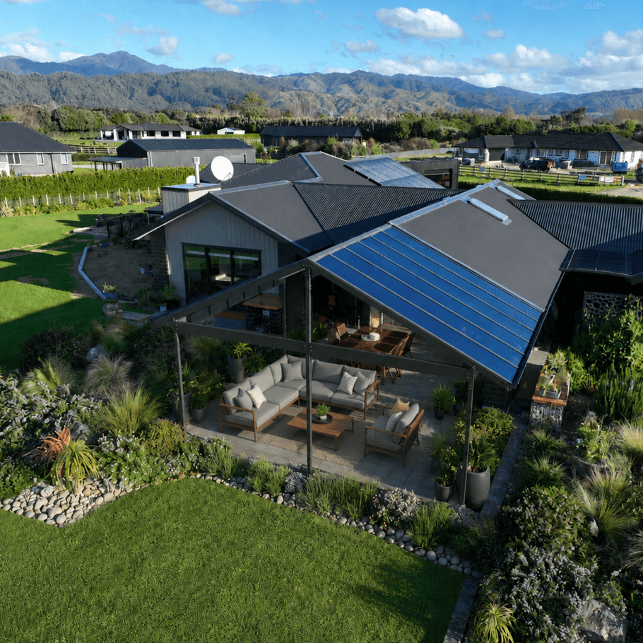Archgola’s new gable profile creates a seamless transition between roof and canopy for this Ashburton home