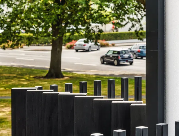 Exterior architectural detail showing a striking black vertical metal screen or balustrade beside a light-coloured rendered wall. The closely spaced rectangular posts vary in height, creating a sculptural rhythm. A leafy street tree, grass verge, roadway, and parked cars are visible beyond the barrier.