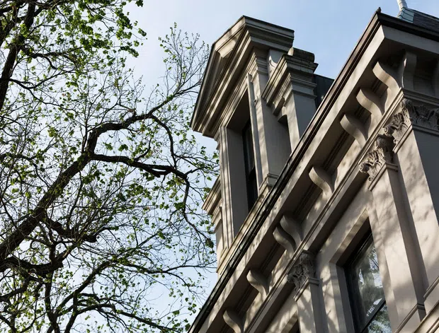 Upward-looking exterior view of an ornate multi-storey building facade, with classical columns, heavy cornices, decorative mouldings and tall windows. Mature tree branches frame the building against the sky.