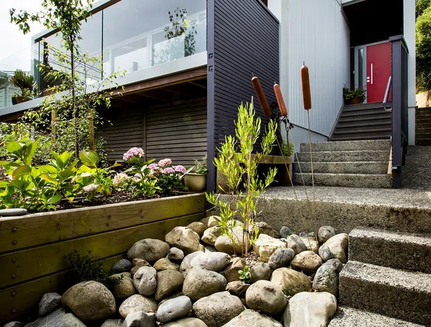 Exterior view of a contemporary multi-level home on a sloped site, approached by rough-textured concrete steps through a landscaped rock garden. The building has crisp white vertical cladding, dark horizontal timber-like wall cladding, large glazed balcony or upper-level openings with glass balustrades, and a vivid red entrance door. Raised garden beds and natural river stones occupy the foreground.