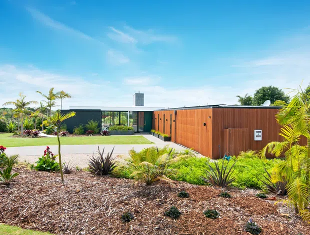 Single-storey modern residence viewed from the landscaped front garden, featuring a low horizontal form, dark charcoal wall sections, extensive glazing, and a warm timber-clad wing with a flat roof. Tropical and drought-tolerant planting surrounds a broad paved driveway or forecourt under a bright blue sky.