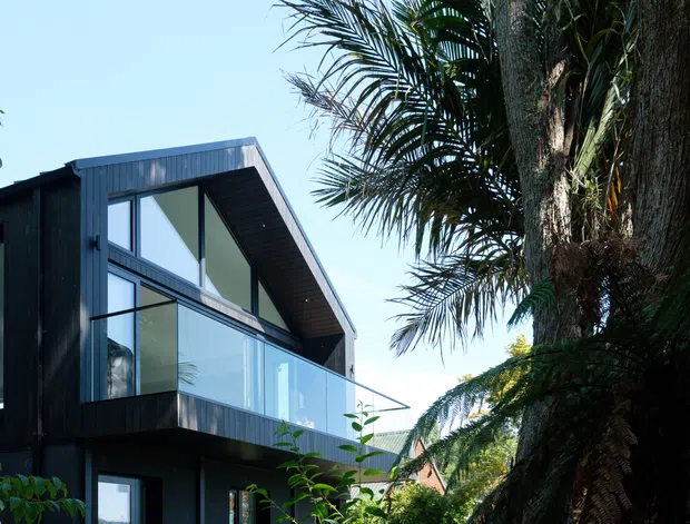 Exterior view of a contemporary multi-level residence with dark vertical cladding, expansive angular glazing, and a projecting glass balcony. Mature palm vegetation partially screens the building, while the sharply pitched roof and clean geometric lines create a modern architectural character.