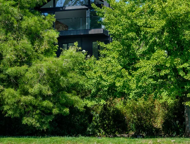 A dark, contemporary multi-level house partially concealed within dense lakeside vegetation. The building features extensive floor-to-ceiling glazing, charcoal cladding, a prominent pitched/gabled roof form, and projecting balcony or terrace edges. The foreground shows a narrow natural shoreline and water, with mature trees surrounding the residence.