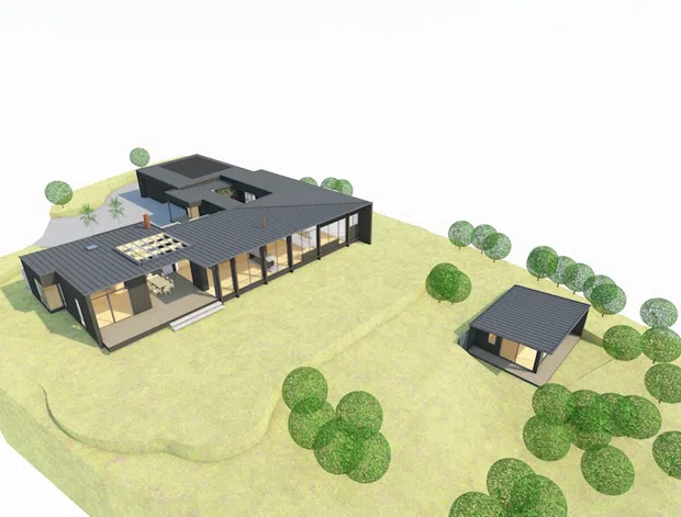 Aerial architectural rendering of a contemporary low-profile residential property set within a landscaped, gently sloping site. The main dark-clad building has several connected wings, extensive floor-to-ceiling glazing, broad flat or shallow-pitched roof planes, and a partially enclosed courtyard or terrace. A separate smaller matching outbuilding sits nearby, surrounded by regularly spaced rounded trees and open lawn.