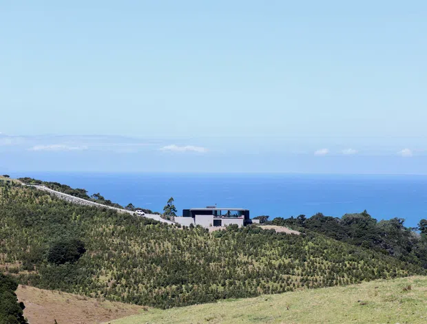A wide coastal landscape view shows a contemporary low-profile house partially embedded in a sloping, planted hillside, with expansive blue ocean and sky beyond. The dwelling has a simple rectilinear form, dark roofline, and large glazed openings, while the foreground is covered in low vegetation and grass.