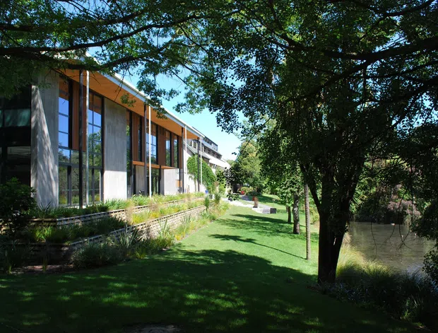 Exterior view of a contemporary multi-storey building beside a landscaped green space and narrow waterway. The facade combines extensive floor-to-ceiling glazing, pale concrete or rendered wall panels, and warm timber-toned soffit or framing elements. Mature trees, planted beds, and a pedestrian path create a shaded, park-like setting.