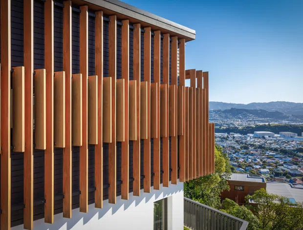 Exterior architectural view of a contemporary multi-level building on a sloping urban site. The facade combines dark horizontal cladding with repeated vertical timber fins and projecting sun-shading elements, creating a strong rhythmic screen. A balcony or terrace railing is visible in the foreground, with a dense suburban cityscape and hills beyond.