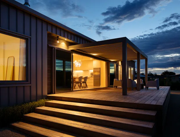 Twilight exterior view of a contemporary single-storey home with dark vertical cladding, warm illuminated glazing, and a broad timber deck reached by wide steps. A covered outdoor living area extends from the building, with a slatted pergola roof, outdoor seating, and views toward the surrounding landscape.