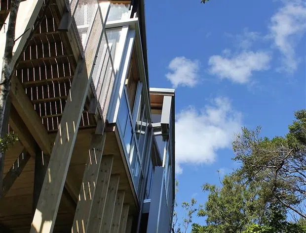 Upward-looking exterior view of a narrow, multi-level contemporary building set among mature vegetation. The structure features exposed timber posts and decking, a tall glazed facade with dark frames, corrugated or ribbed metal wall cladding, and projecting roof or balcony elements. Bright blue sky and surrounding trees frame the building.