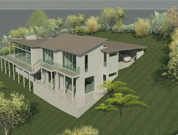 Architectural 3D rendering of a contemporary multi-level hillside residence with flat, low-pitched roof planes, extensive floor-to-ceiling glazing, projecting balconies, slender structural supports, and an integrated covered carport. The house is set into a landscaped sloping site with mature trees and planting.