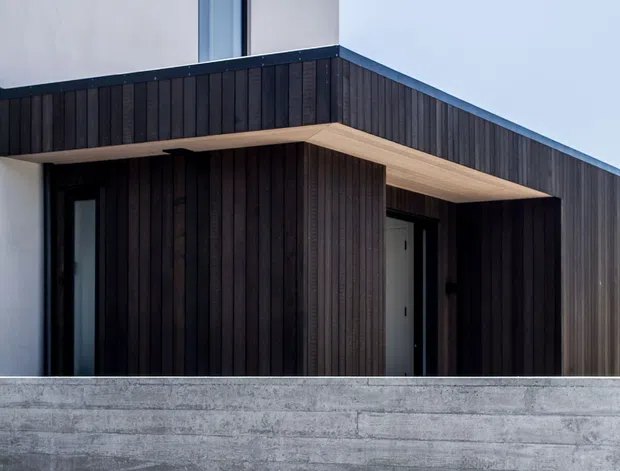Exterior architectural view of a minimalist two-storey residence, featuring crisp rectilinear forms, dark vertical timber cladding, pale rendered upper walls, black-framed glazing, a projecting timber-lined canopy, and exposed grey concrete retaining walls and boundary elements.