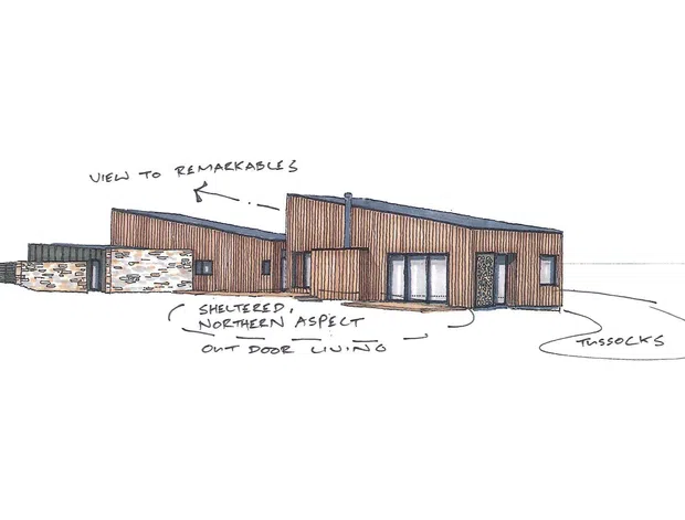 Hand-drawn architectural perspective sketch of a low-rise contemporary building composed of simple rectilinear volumes. The facade combines vertical timber cladding with sections of exposed stone masonry, dark-framed windows and doors, and a shallow low-pitched roof. Handwritten annotations identify views to rear paddocks, a sheltered northern aspect, outdoor living, and possum boxes.