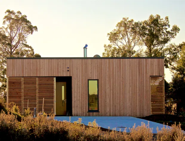 Single-storey rectangular dwelling with a simple flat roof and warm vertical timber cladding. Horizontal timber screening shades the front openings, including a dark entry door and a tall narrow window. A blue-toned paved terrace sits in front, with native vegetation and mature trees surrounding the house.