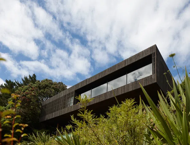 Low-angle exterior view of a striking dark-clad modern building partially concealed by dense landscaping. The long upper volume features extensive floor-to-ceiling glazing and a deep projecting form, with vertical slatted screening along the facade. Native-style planting fills the foreground beneath a bright, cloud-dappled sky.