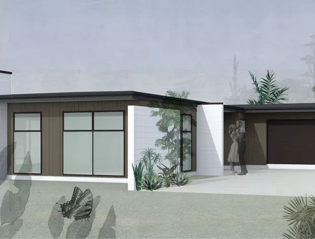 Architectural rendering of a low, single-storey contemporary home with a flat roof, white rendered walls, dark horizontal roof and facade accents, large black-framed windows, and an integrated double garage. Tropical landscaping surrounds the minimalist building.