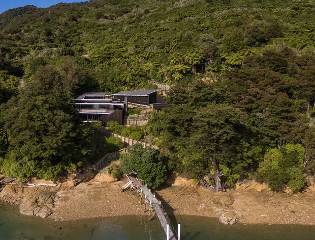 Aerial view of a modern multi-level house nestled into dense native forest on a steep waterfront hillside. The property includes terraced outdoor paths, retaining walls, and a long timber-and-metal jetty extending into a calm green waterway. The building has dark cladding, expansive horizontal glazing, and low-pitched roof forms, surrounded by rugged natural terrain.