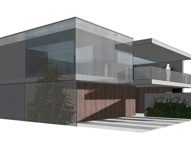 Architectural rendering of a contemporary two-storey residence with a rectilinear form, dark lower-level walls, timber-look cladding, extensive glazing, a screened upper volume, projecting flat roof, balcony, and a landscaped entry with horizontal paving and a green wall.