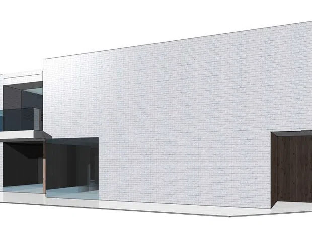 Minimal architectural exterior rendering of a contemporary multi-level building. The main facade is a large white textured masonry or brick wall, with dark recessed openings, charcoal cladding, and projecting balcony-like elements. The simplified presentation has a white background and shows the building envelope rather than an interior.