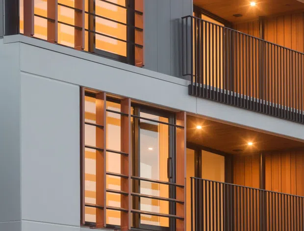 Close-up exterior view of a multi-storey contemporary residential or apartment building facade, with repeated recessed balconies, dark vertical metal balustrades, large gridded windows, and warm timber-lined balcony ceilings and walls. The grey facade contrasts with warm interior and exterior lighting at dusk.