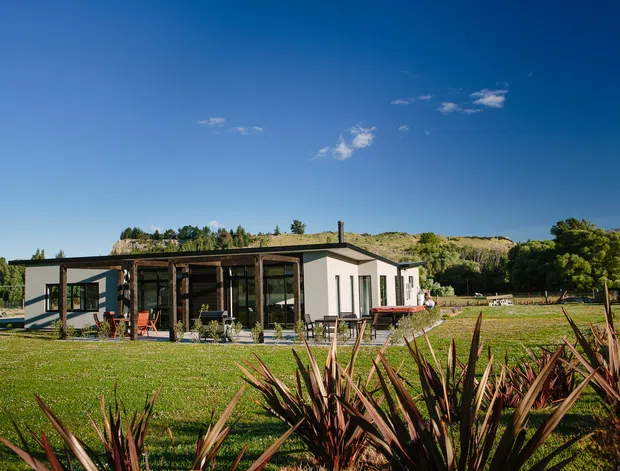 Single-storey contemporary house set in a spacious landscaped rural or semi-rural site. The building has a simple low-pitched roof, light rendered walls, dark timber or metal framing, extensive floor-to-ceiling glazing, and a covered outdoor living area. A broad lawn and sculptural flax-like planting occupy the foreground, with rolling planted terrain in the background.