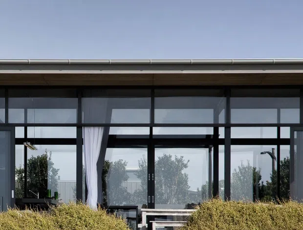 A contemporary single-storey pavilion-like house viewed from landscaped grounds. Broad floor-to-ceiling dark-framed glazing spans the facade beneath a shallow roof with a timber-toned soffit. A central stepped concrete walkway leads through dense low planting toward the glazed entrance and an outdoor dining or terrace area visible inside.