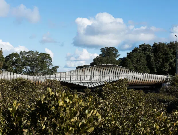 Exterior view of a distinctive curved pedestrian bridge or elevated architectural structure, formed from repeated pale metal ribs and panels. Dense greenery and mature trees surround the structure, with streetlights and a bright partly cloudy sky in the background.