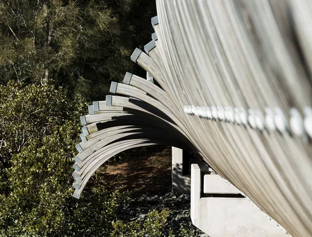 Close-up exterior architectural view of a sculptural curved roof or canopy formed from repeated pale timber-like slats, supported on robust light concrete piers. The structure is set within dense natural planting and a dry, landscaped ground plane, with strong sunlight emphasizing the rhythmic ribbed form.