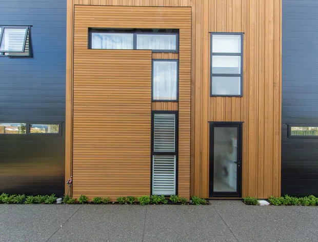 Front facade of a contemporary multi-level building with contrasting dark horizontal cladding and warm vertical timber cladding. The central entry zone features a tall glazed door, narrow stacked windows, and a projecting timber-framed window composition. Low planting borders a paved forecourt.