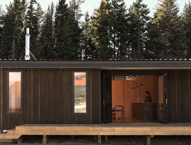 A compact single-storey dark-clad cabin set among tall evergreen trees, viewed from the front. The simple rectangular building has a low-pitched roof, vertical dark timber-like cladding, narrow windows, a raised timber deck, and an open central doorway revealing a warm-toned interior with built-in cabinetry and pendant lights. A metal flue projects through the roof.