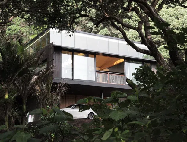 A modern elevated residential building nestled among dense mature vegetation. The house features a rectilinear form, extensive dark-framed glazing, light-coloured panel cladding, timber-toned soffits, and a covered balcony or open living area. A car is partially visible beneath the structure, while large trees and tropical planting frame the view.