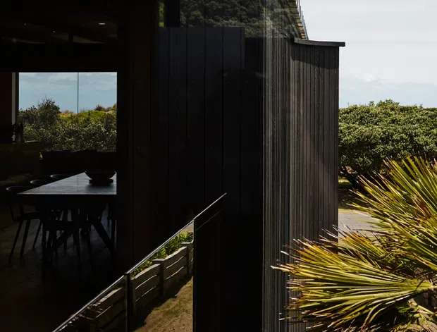 Exterior view of a dark, contemporary house with black vertical cladding, a deep roof overhang, and extensive reflective glazing. A narrow path and low retaining wall lead beside the building, surrounded by dense coastal-style planting. The glazing reveals a dim dining area inside, while the dark facade contrasts with the bright sky and greenery.