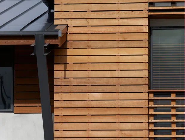 Close-up exterior view of a contemporary building facade clad in horizontal warm timber boards. The composition shows a sharply angled sloping roof with dark metal roofing and exposed timber soffit, dark structural posts, and windows partly screened by horizontal timber battens. A small section of white rendered wall and adjacent roof is visible at the lower left.
