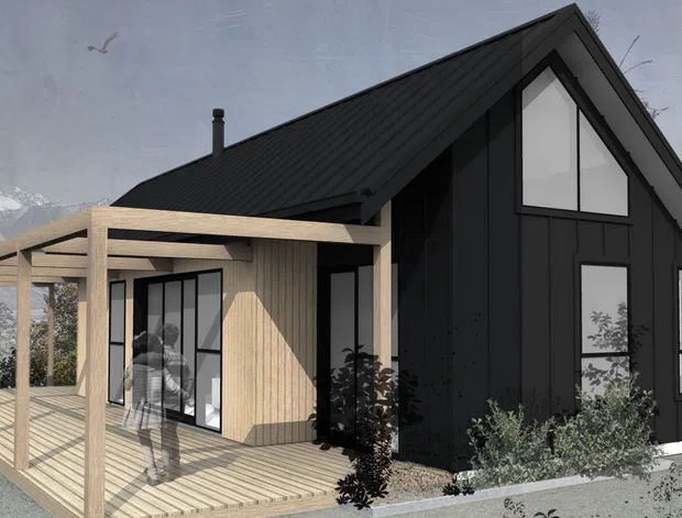 Exterior architectural rendering of a compact modern gabled house with black vertical cladding, a steep dark metal roof, pale timber porch and decking, and large black-framed windows. A covered timber veranda extends along the front and side, with mountainous scenery visible in the background.