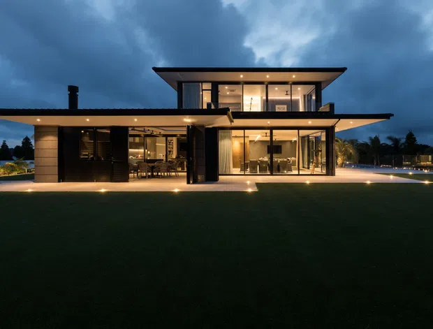 Dusk exterior photograph of a large modern two-storey residence with broad flat roof planes, extensive floor-to-ceiling glazing, dark framed openings, warm interior lighting, and landscaped lawn in the foreground. The open-plan living and dining areas are visible through the glass, with subtle architectural and landscape lighting.