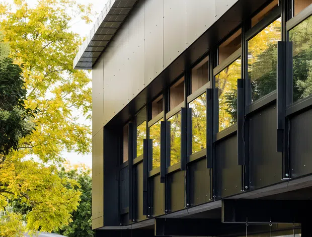 Close-up exterior view of a contemporary dark-clad building with a projecting upper level, deep roof eave, and a rhythmic row of tall windows with dark frames and vertical structural or screening elements. Warm autumn trees are reflected in and visible around the glazing, creating a strong relationship with the landscaped setting.