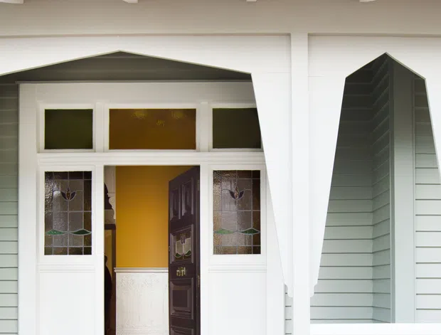 Front exterior entry of a heritage-style house, featuring a white-painted porch with decorative timber trim, pale blue-grey weatherboard cladding, a dark roof edge, and a traditional doorway with leadlight glass sidelights and fanlights. The open door reveals a warm-toned interior hallway.