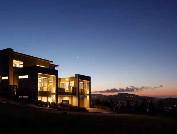 A modern multi-level residence photographed at dusk, with strong geometric volumes, dark exterior cladding, extensive illuminated glazing, balconies, and a broad view over a twinkling suburban or urban landscape. The home sits on an elevated or sloping site beneath a clear twilight sky.