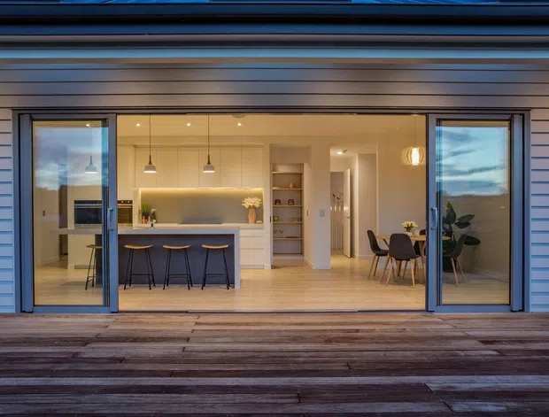 Exterior view of a contemporary single-storey home opening onto a timber deck through wide glazed sliding doors. The warm, open-plan interior visibly includes a kitchen with island seating, dining area, and hallway, framed by horizontal weatherboard cladding. The interior is softly lit with a neutral palette and pale timber flooring.