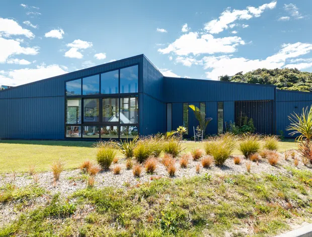Exterior view of a low, contemporary single-storey building with dark blue vertically profiled cladding, a projecting glazed entry or living volume, and extensive floor-to-ceiling windows. The building sits in a landscaped setting with ornamental grasses and spiky architectural plants under a bright sky.