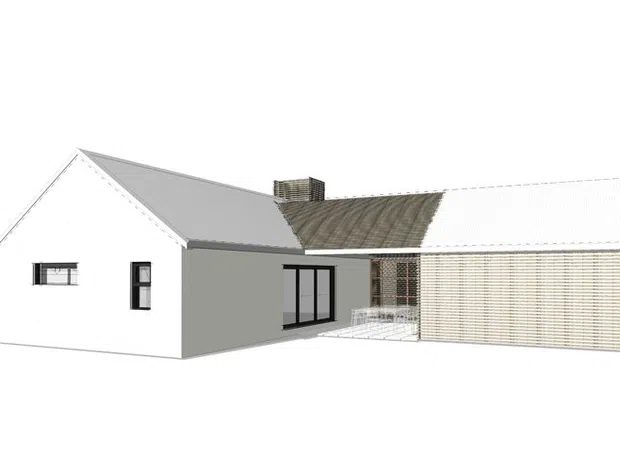 A minimalist architectural rendering of a low-rise residential building composed of simple white gabled volumes. The central section has a weathered pitched roof and dark-framed glazing, while the right-hand wing is screened by a light timber or slatted facade. The clean white background and sparse linework emphasize the building form.