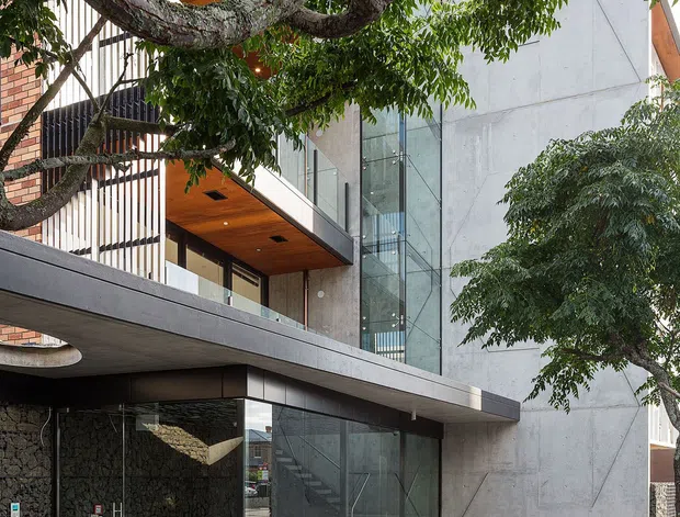 Street-level view of a contemporary multi-storey urban building, with a strong concrete facade, extensive floor-to-ceiling glazing, projecting cantilevered slabs, timber soffits, and a tall glazed stair or circulation volume. Mature trees partially frame the architecture, while a paved forecourt leads to the glazed entrance. A dark textured stone feature wall is visible beside the entry.