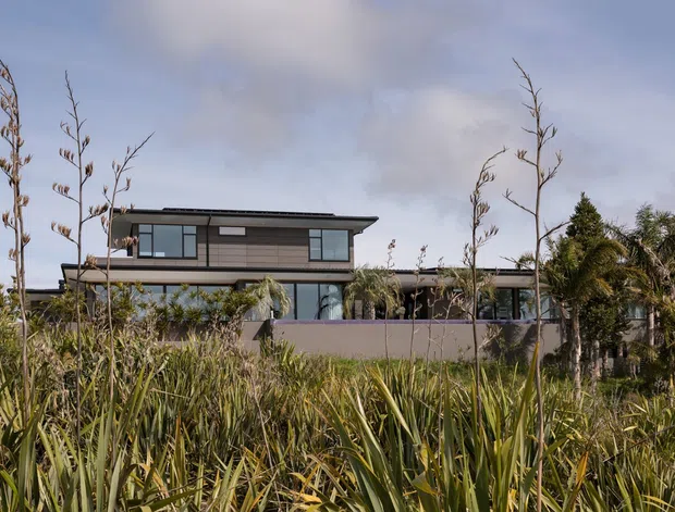 Exterior view of a contemporary multi-level home set within dense landscaped planting. The building features a low-pitched projecting roof, dark horizontal cladding, extensive glazing, and a sheltered ground-level terrace or outdoor living area. Native-looking grasses and palms dominate the foreground and partially screen the lower facade.