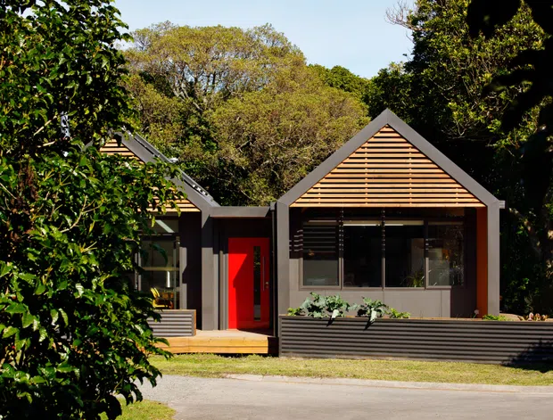 A compact contemporary single-storey house nestled among mature trees. The facade combines dark grey cladding and trim with warm horizontal timber slats in prominent gabled sections, large glazed openings, and a vivid red entry door. A low raised timber deck and dark planter or privacy screen define the front approach, with dense landscaping framing the building.