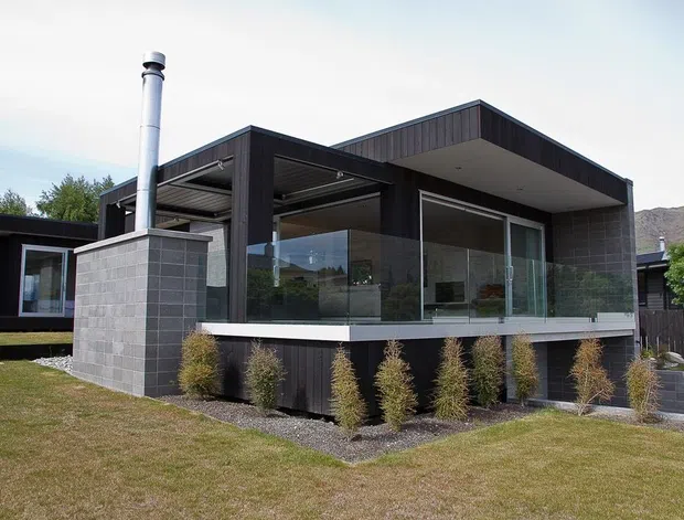 Exterior view of a contemporary single-storey home with a flat roof, dark vertical cladding, grey masonry block walls, extensive glazing, and a raised covered terrace enclosed by glass balustrades. A tall metal chimney and landscaped garden surround the house.